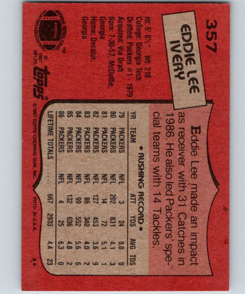 1987 Topps #357 Eddie Lee Ivery Packers NFL Football Image 2
