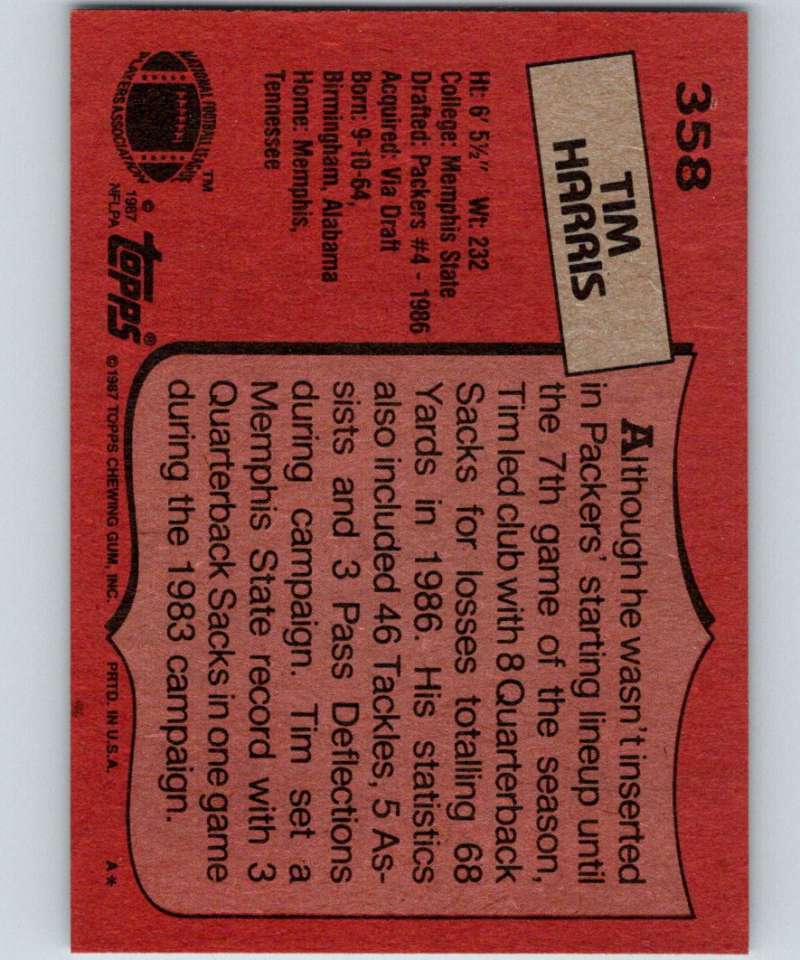 1987 Topps #358 Tim Harris RC Rookie Packers NFL Football Image 2