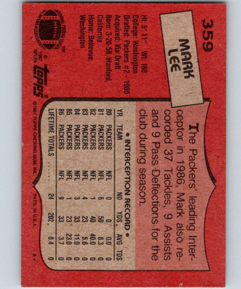 1987 Topps #359 Mark Lee Packers UER NFL Football Image 2