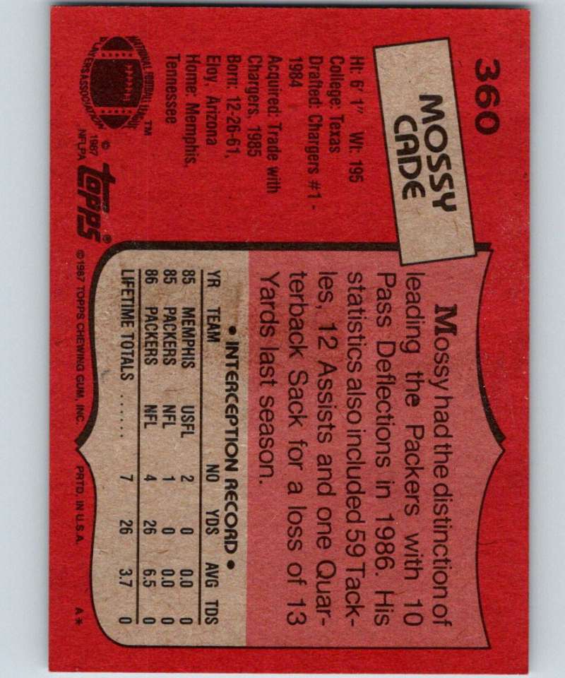 1987 Topps #360 Mossy Cade Packers NFL Football Image 2
