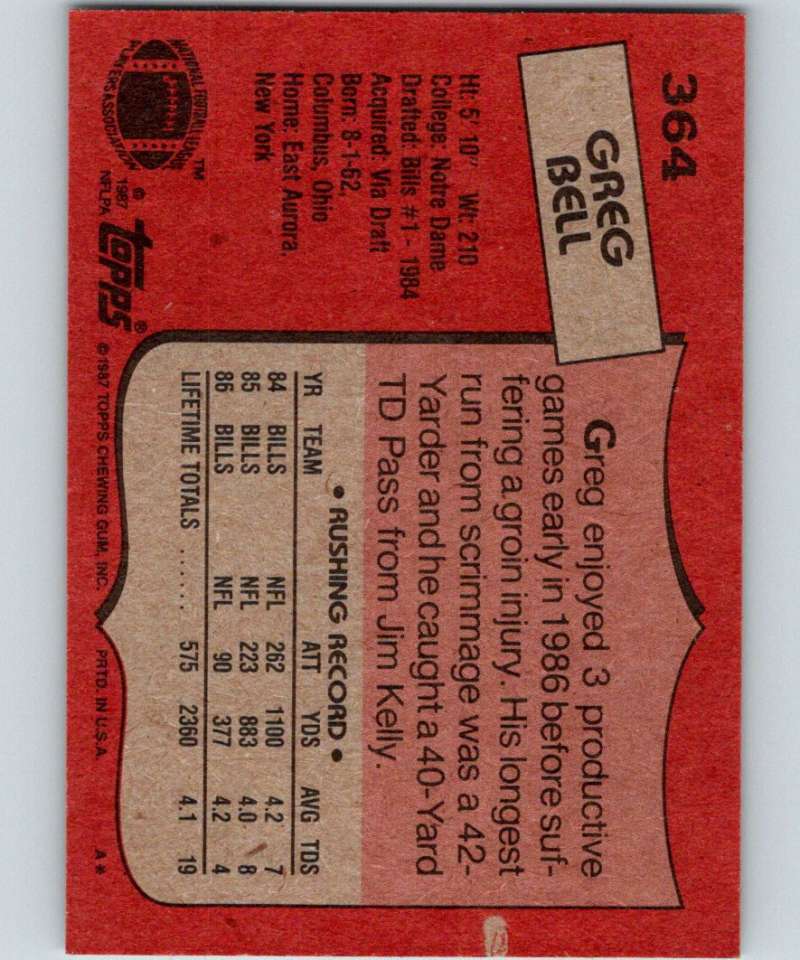 1987 Topps #364 Greg Bell Bills NFL Football Image 2