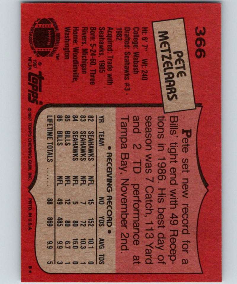 1987 Topps #366 Pete Metzelaars RC Rookie Bills NFL Football Image 2