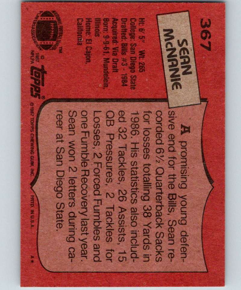 1987 Topps #367 Sean McNanie Bills NFL Football