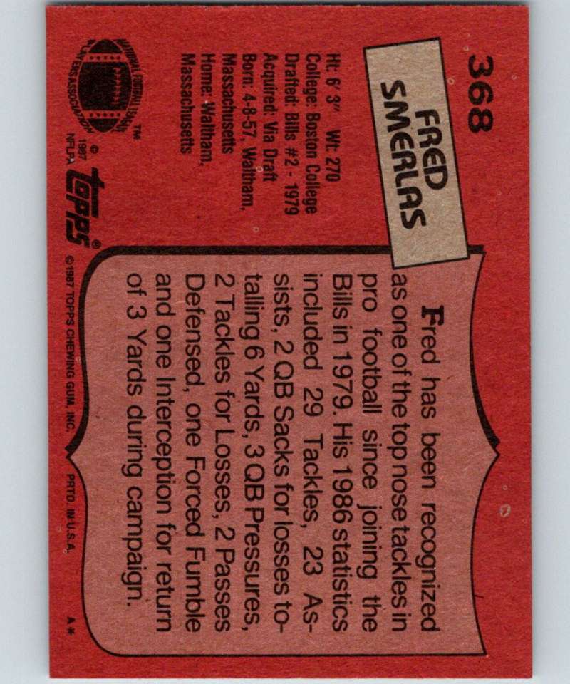 1987 Topps #368 Fred Smerlas Bills NFL Football Image 2