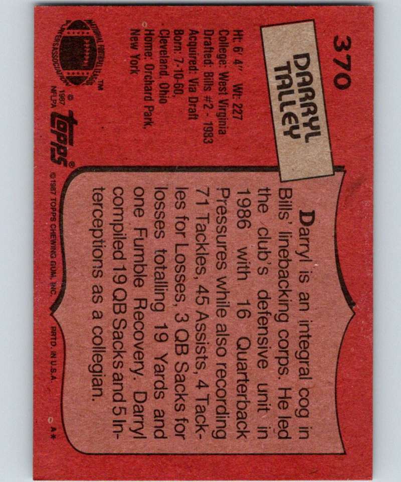 1987 Topps #370 Darryl Talley Bills NFL Football Image 2