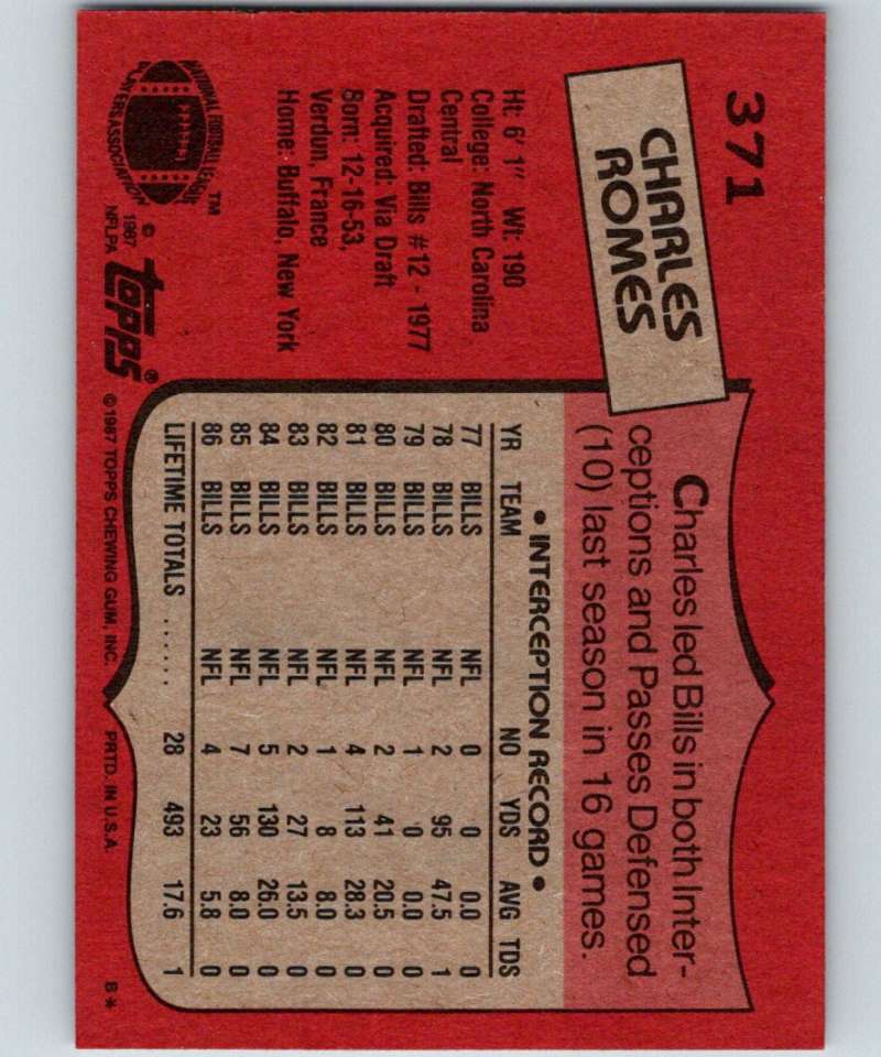 1987 Topps #371 Charles Romes Bills NFL Football
