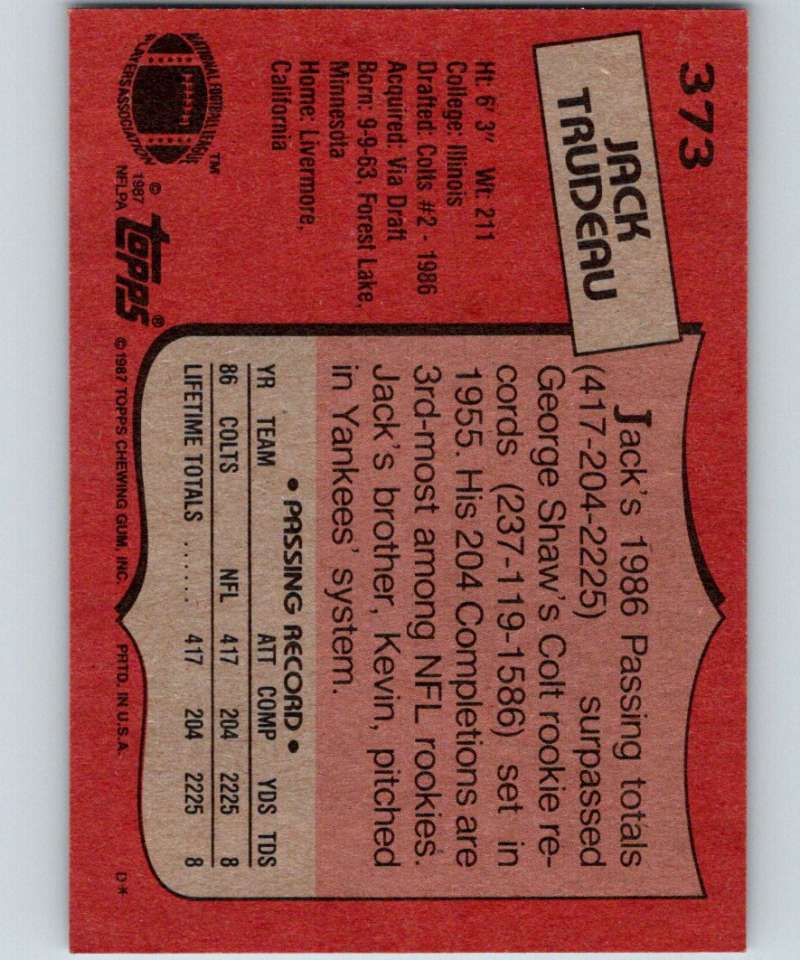 1987 Topps #373 Jack Trudeau RC Rookie Colts NFL Football Image 2