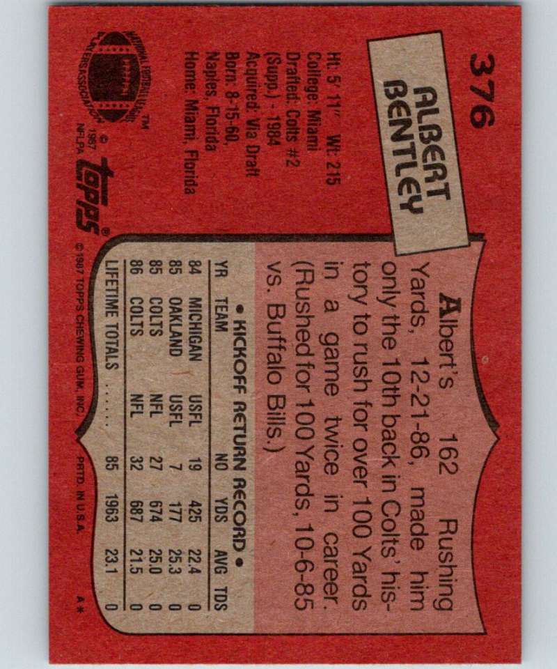 1987 Topps #376 Albert Bentley Colts NFL Football Image 2
