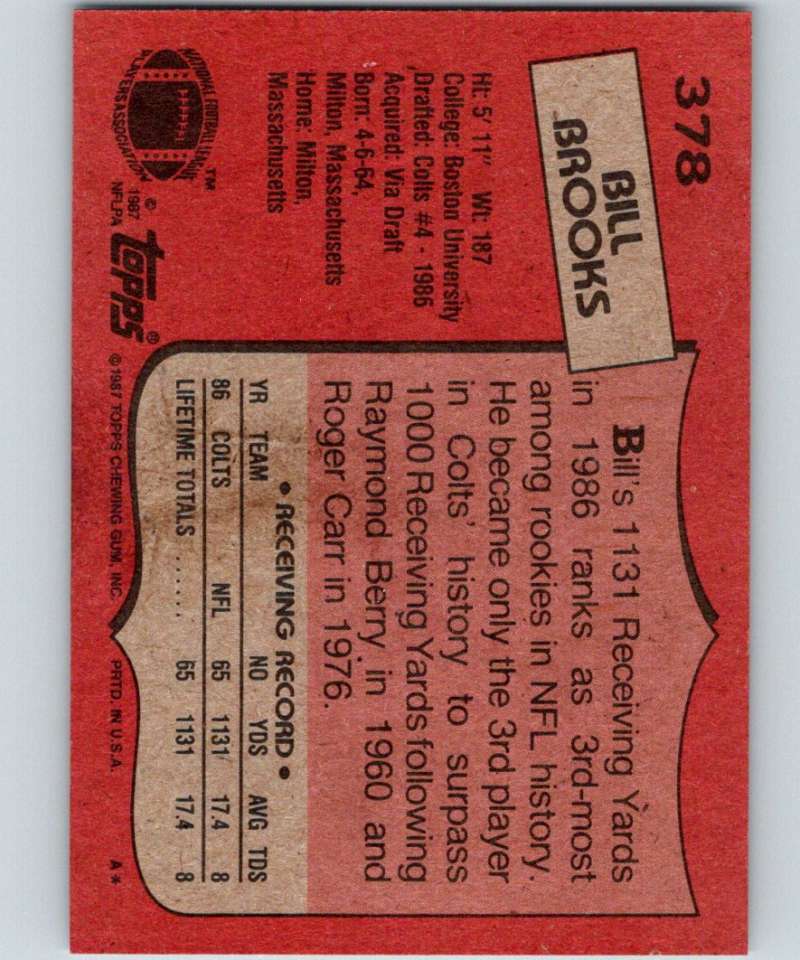 1987 Topps #378 Bill Brooks RC Rookie Colts NFL Football Image 2