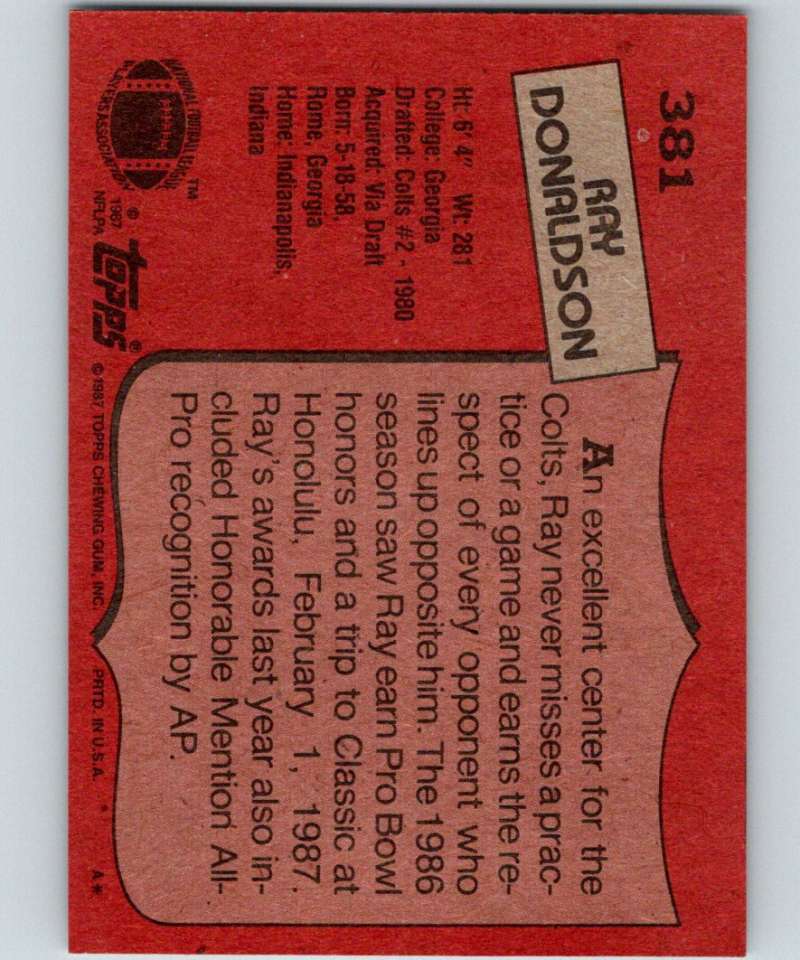 1987 Topps #381 Ray Donaldson Colts NFL Football Image 2