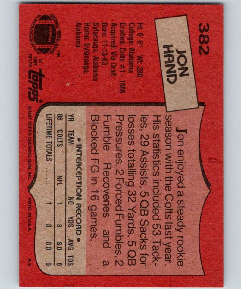 1987 Topps #382 Jon Hand RC Rookie Colts NFL Football Image 2