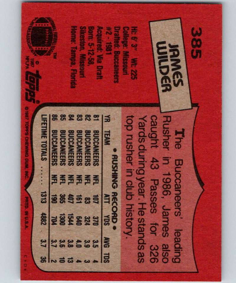 1987 Topps #385 James Wilder Buccaneers NFL Football Image 2