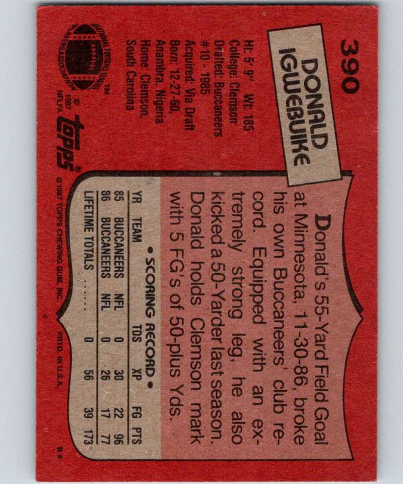 1987 Topps #390 Donald Igwebuike Buccaneers NFL Football