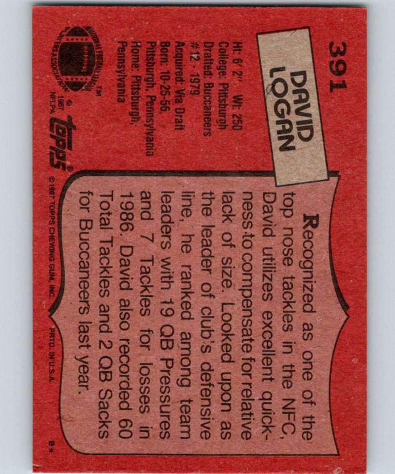 1987 Topps #391 David Logan Buccaneers NFL Football Image 2