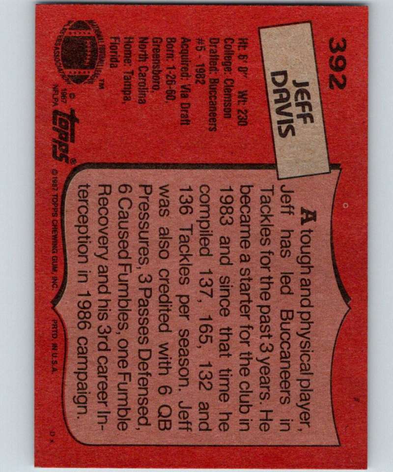 1987 Topps #392 Jeff Davis Buccaneers NFL Football Image 2