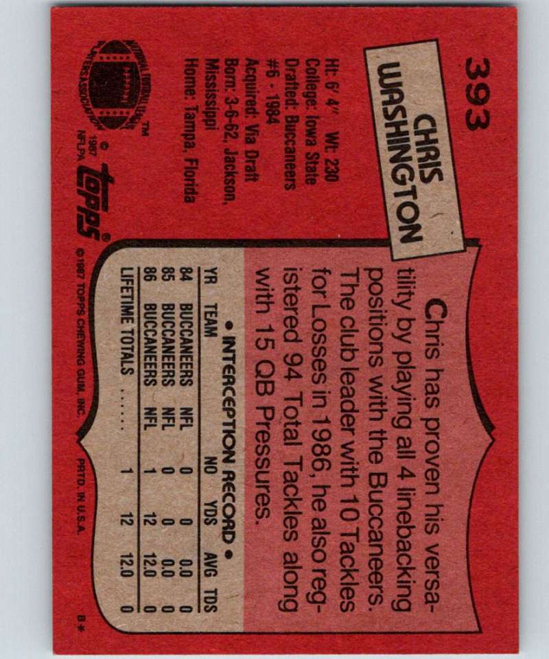 1987 Topps #393 Chris Washington Buccaneers NFL Football Image 2