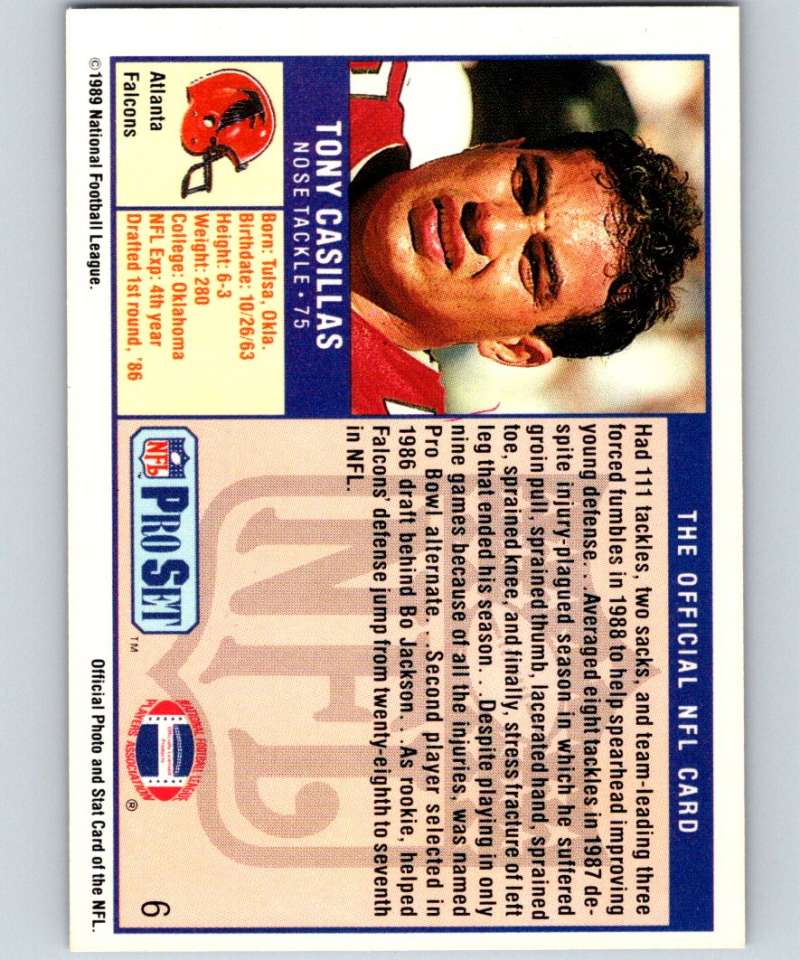 1989 Pro Set #6 Tony Casillas Falcons NFL Football Image 2
