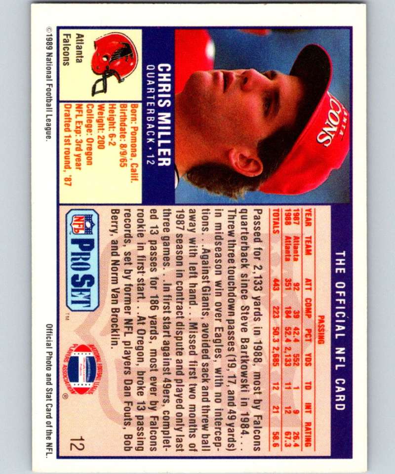 1989 Pro Set #12 Chris Miller RC Rookie Falcons NFL Football