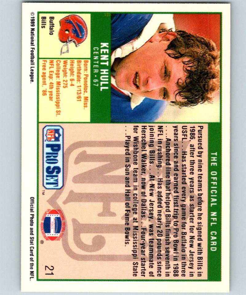 1989 Pro Set #21 Kent Hull RC Rookie Bills NFL Football Image 2
