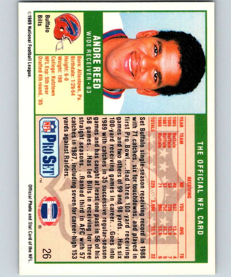 1989 Pro Set #26 Andre Reed Bills NFL Football Image 2