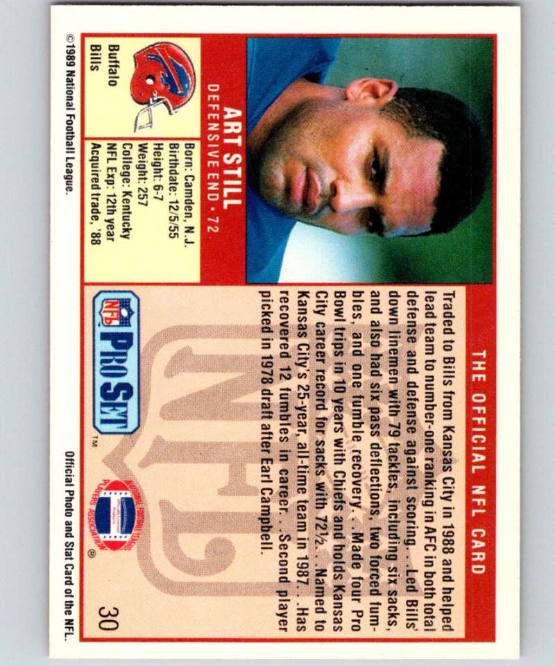 1989 Pro Set #30 Art Still Bills NFL Football Image 2