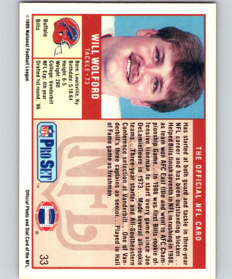 1989 Pro Set #33 Will Wolford RC Rookie Bills NFL Football Image 2