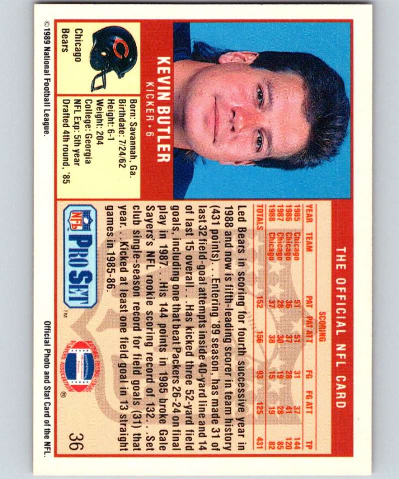 1989 Pro Set #36 Kevin Butler Bears NFL Football Image 2