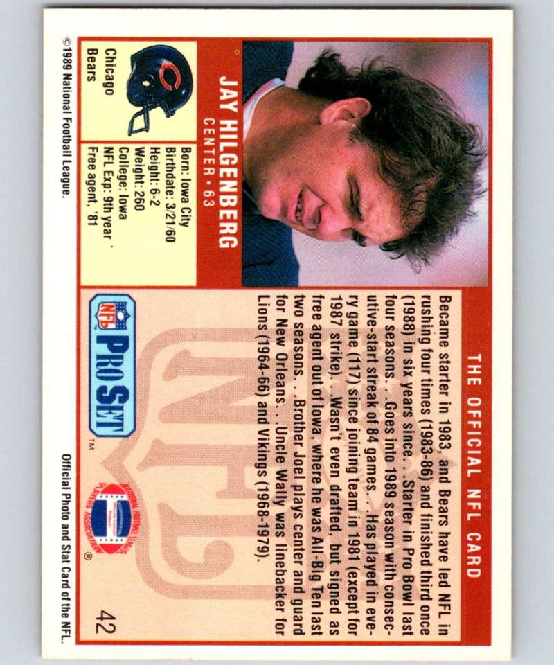 1989 Pro Set #42 Jay Hilgenberg Bears NFL Football Image 2