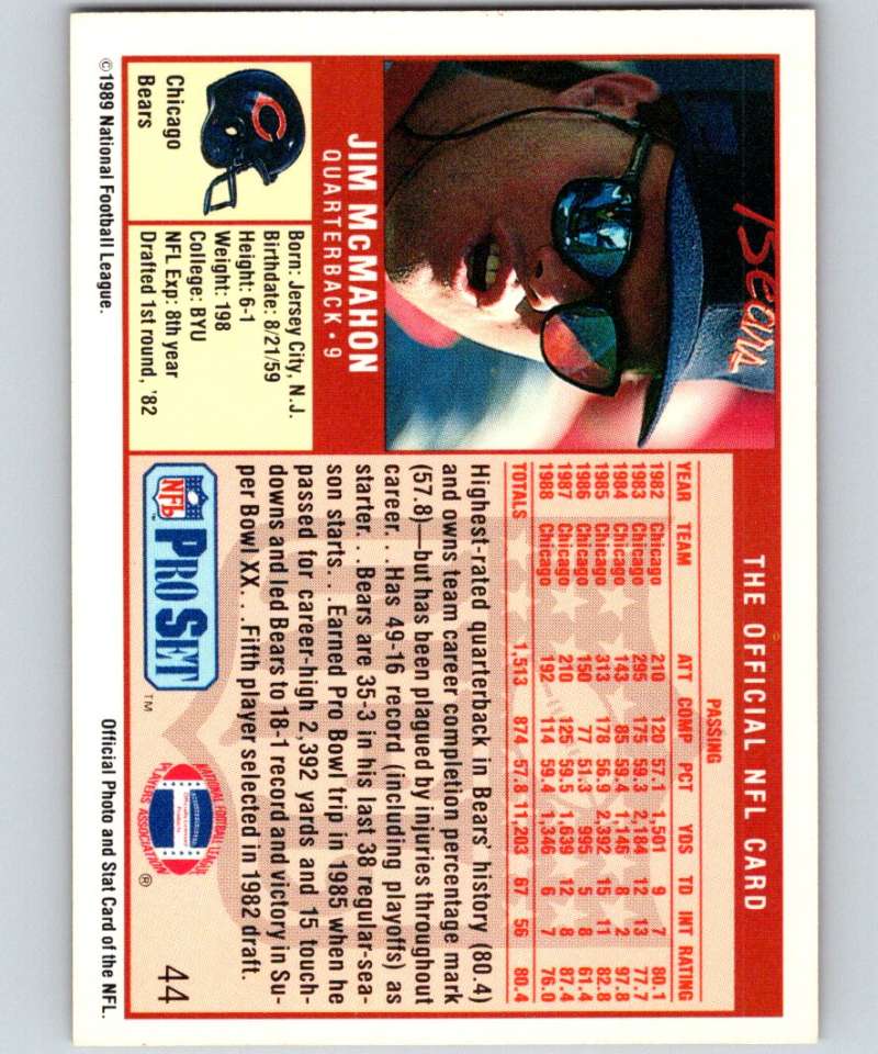 1989 Pro Set #44 Jim McMahon Bears NFL Football