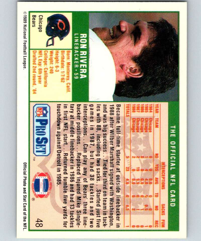 1989 Pro Set #48 Ron Rivera Bears NFL Football Image 2