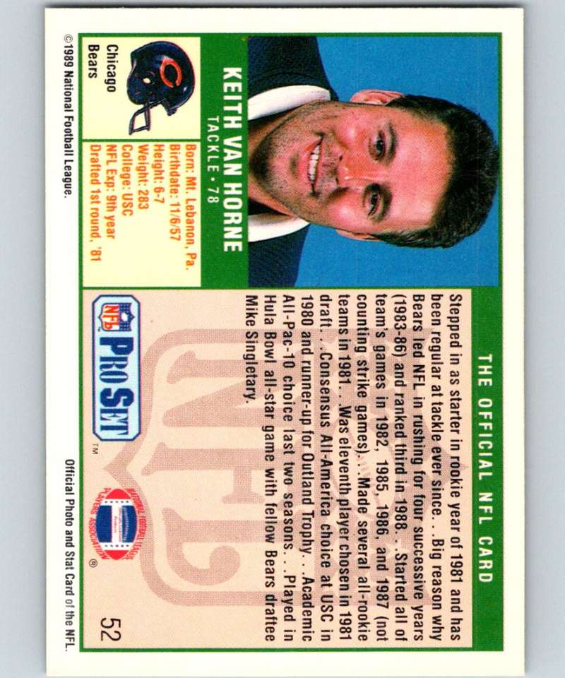 1989 Pro Set #52 Keith Van Horne RC Rookie Bears NFL Football Image 2