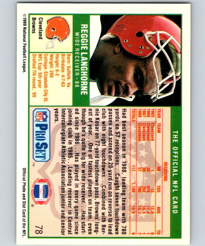 1989 Pro Set #78 Reggie Langhorne RC Rookie Browns NFL Football Image 2