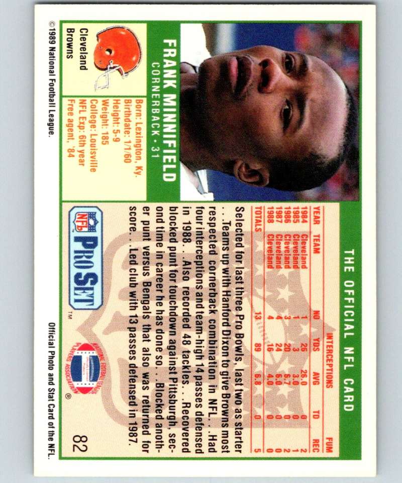 1989 Pro Set #82 Frank Minnifield Browns NFL Football Image 2
