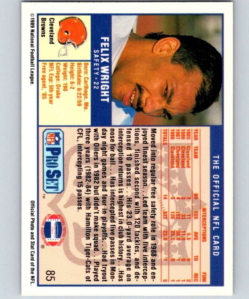 1989 Pro Set #85 Felix Wright Browns NFL Football Image 2
