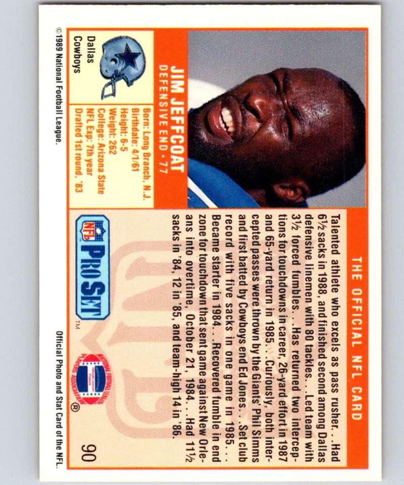 1989 Pro Set #90 Jim Jeffcoat Cowboys NFL Football Image 2