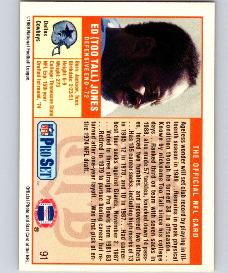 1989 Pro Set #91 Ed Too Tall Jones Cowboys NFL Football