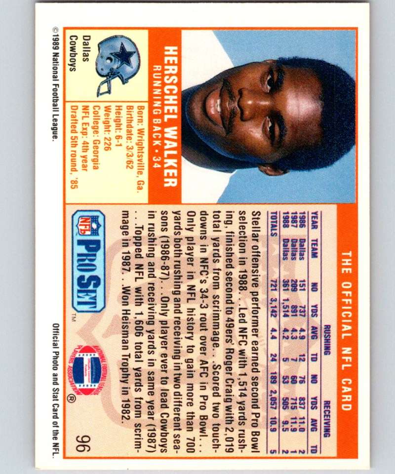 1989 Pro Set #96 Herschel Walker Cowboys NFL Football Image 2