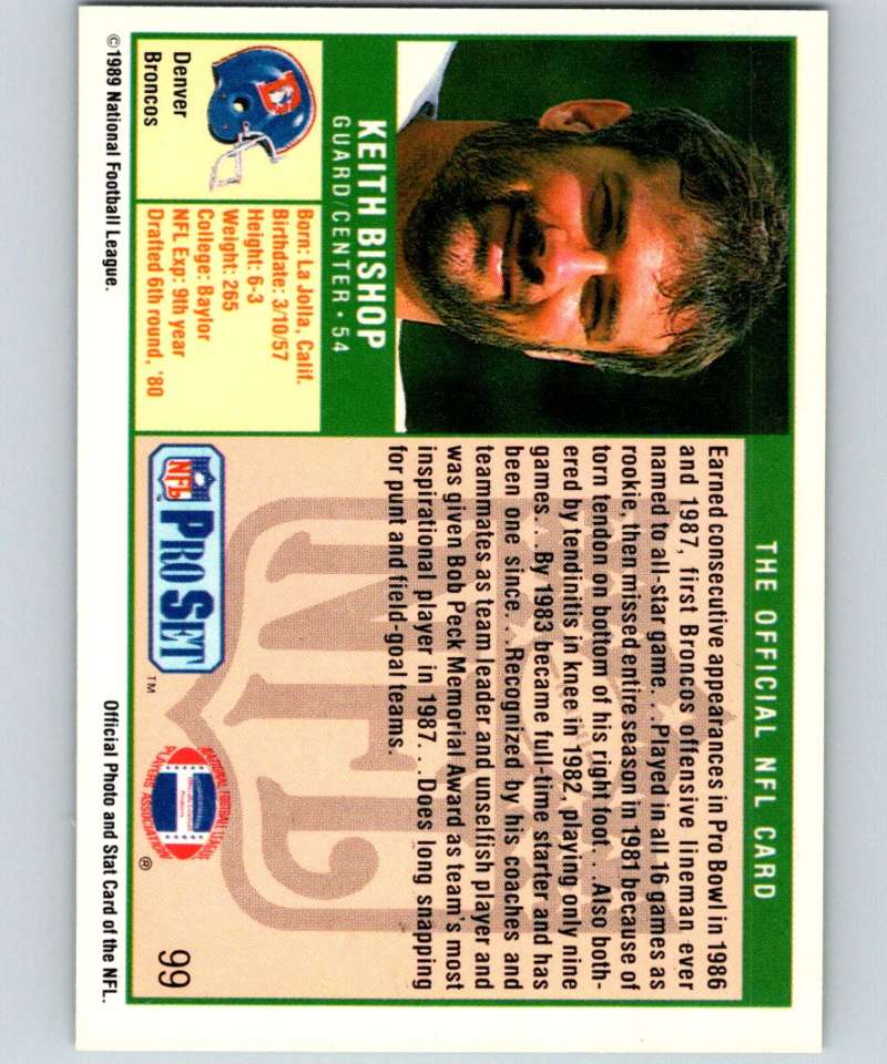 1989 Pro Set #99 Keith Bishop Broncos NFL Football Image 2