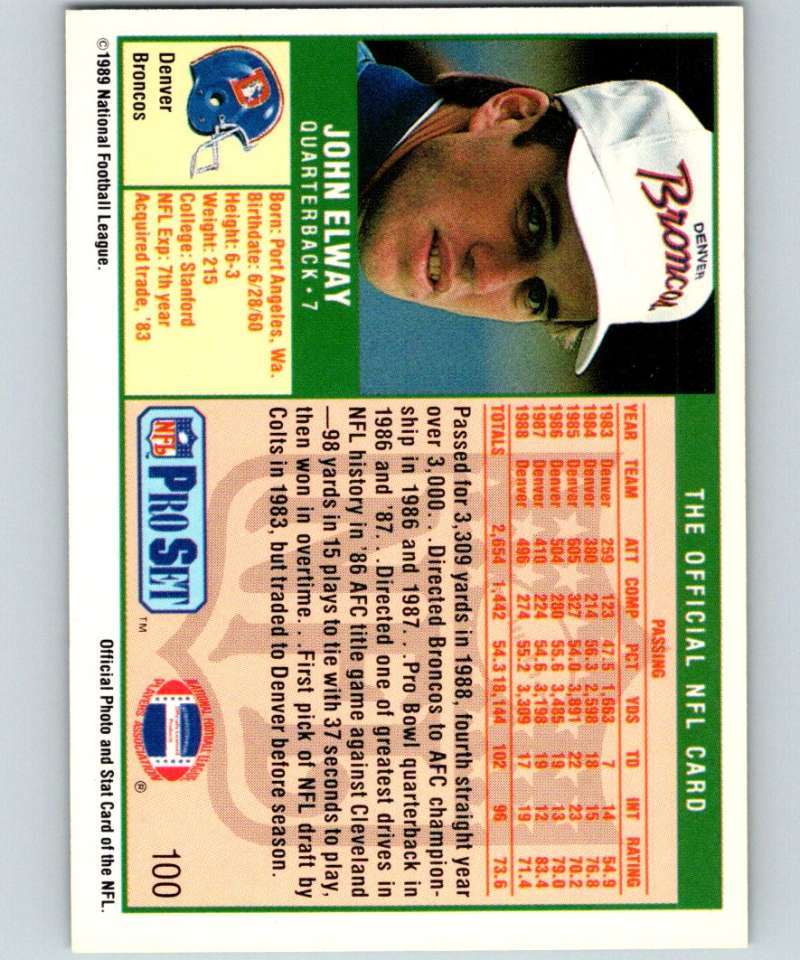 1989 Pro Set #100 John Elway Broncos NFL Football