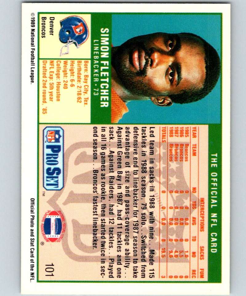 1989 Pro Set #101 Simon Fletcher RC Rookie Broncos NFL Football Image 2