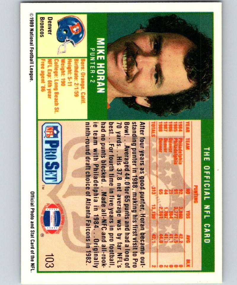 1989 Pro Set #103 Mike Horan Broncos NFL Football Image 2