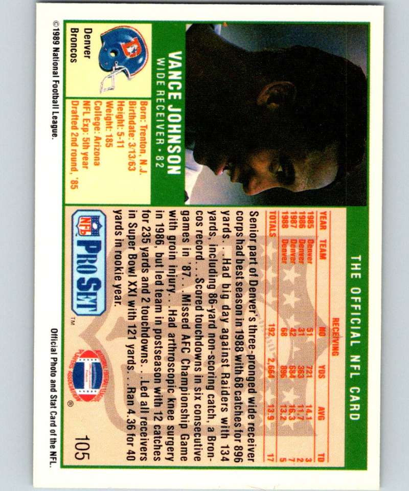 1989 Pro Set #105 Vance Johnson Broncos NFL Football Image 2