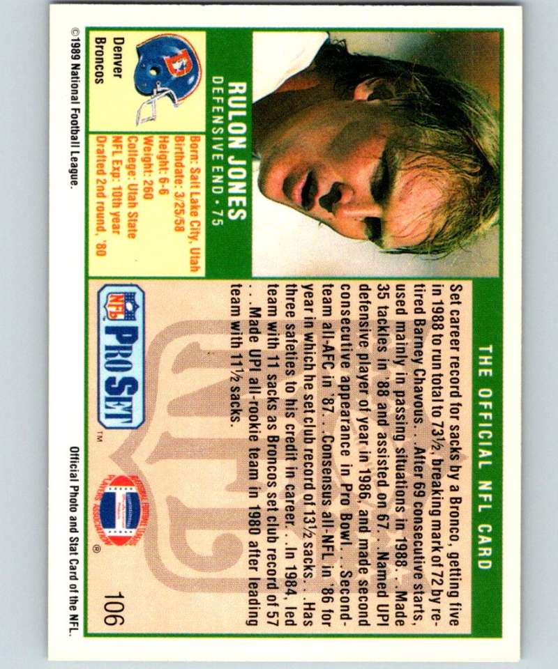 1989 Pro Set #106 Rulon Jones Broncos NFL Football Image 2
