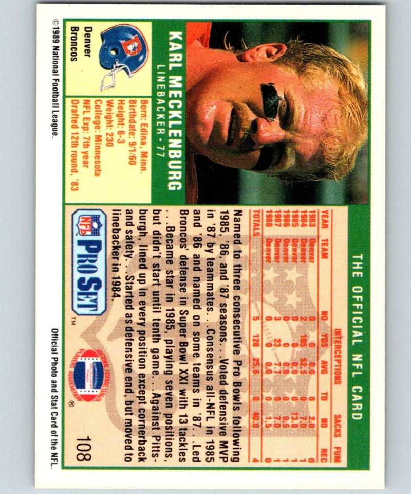 1989 Pro Set #108 Karl Mecklenburg Broncos NFL Football Image 2