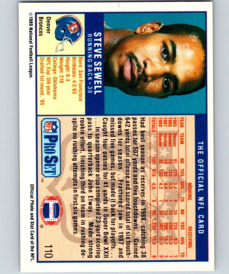 1989 Pro Set #110 Steve Sewell RC Rookie Broncos NFL Football Image 2