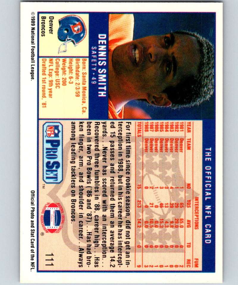 1989 Pro Set #111 Dennis Smith Broncos NFL Football Image 2