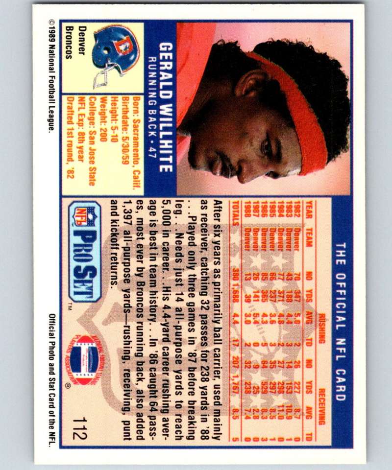 1989 Pro Set #112 Gerald Willhite Broncos NFL Football Image 2