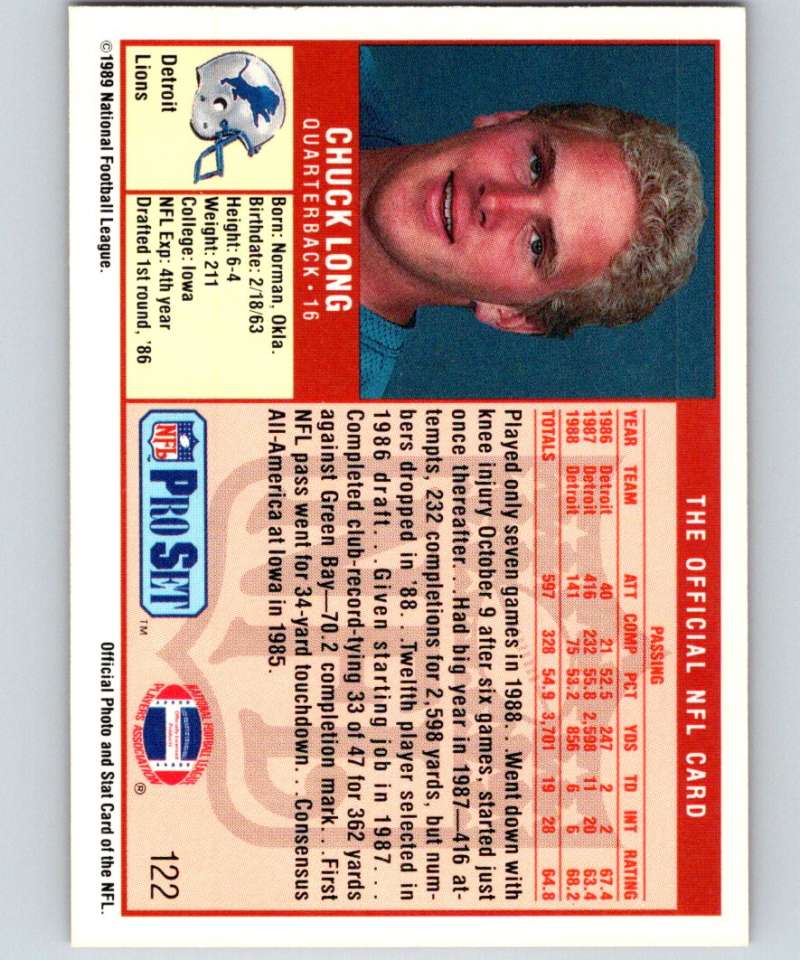 1989 Pro Set #122 Chuck Long Lions NFL Football Image 2