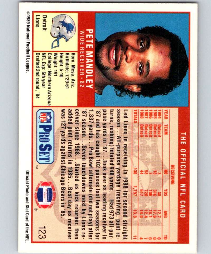 1989 Pro Set #123 Pete Mandley Lions NFL Football Image 2