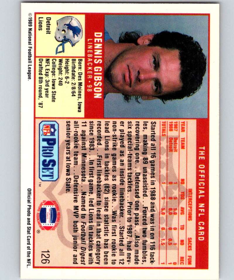 1989 Pro Set #126 Dennis Gibson Lions NFL Football Image 2